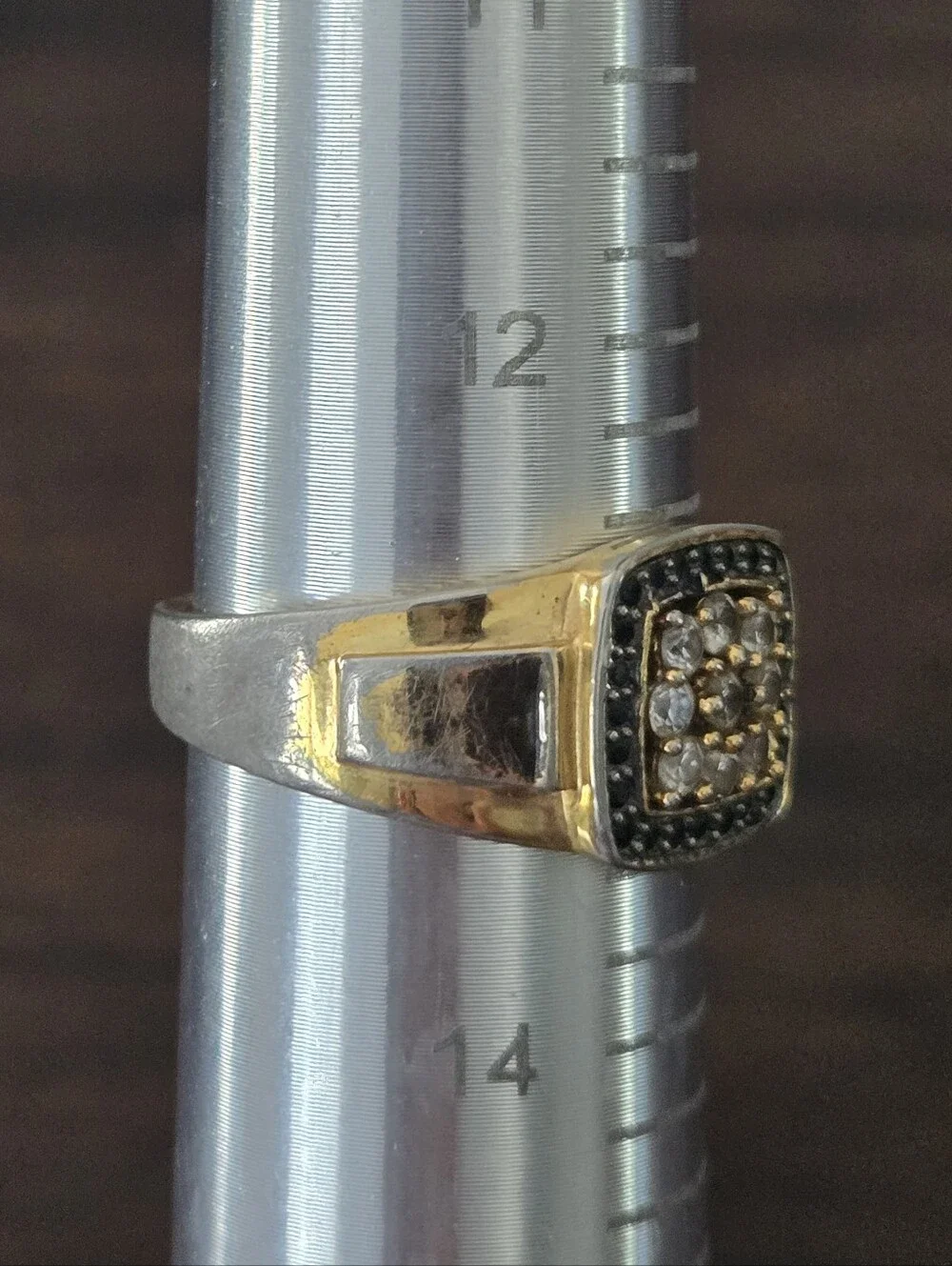 VTG 80s RSC Gold Plated Faux Black White Diamond Cushion Set Signet Ring 13